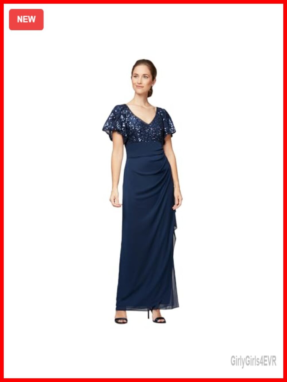 Long Sequin Bodice Empire Waist Mother of the Bride Dress Flutter Sleeves